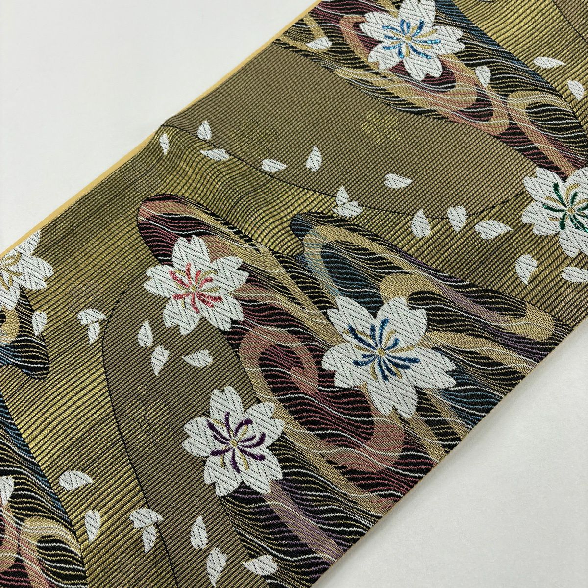 【美品】 袋帶 秀品級櫻花流水金金箔金絲金色六通純蠶絲