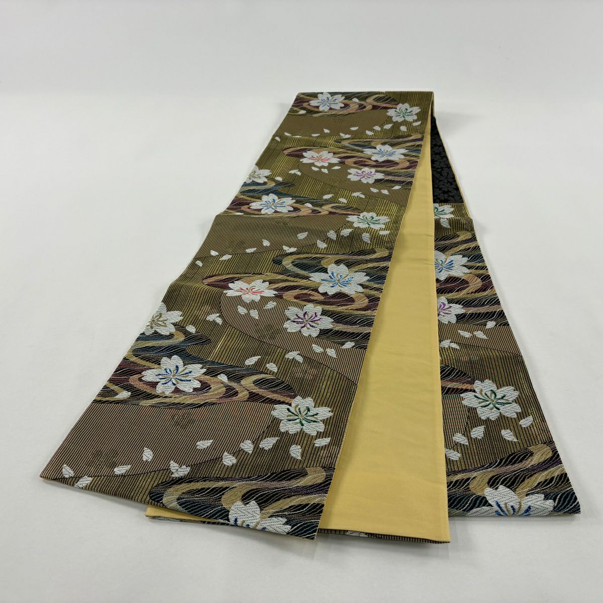 【美品】 袋帶 秀品級櫻花流水金金箔金絲金色六通純蠶絲
