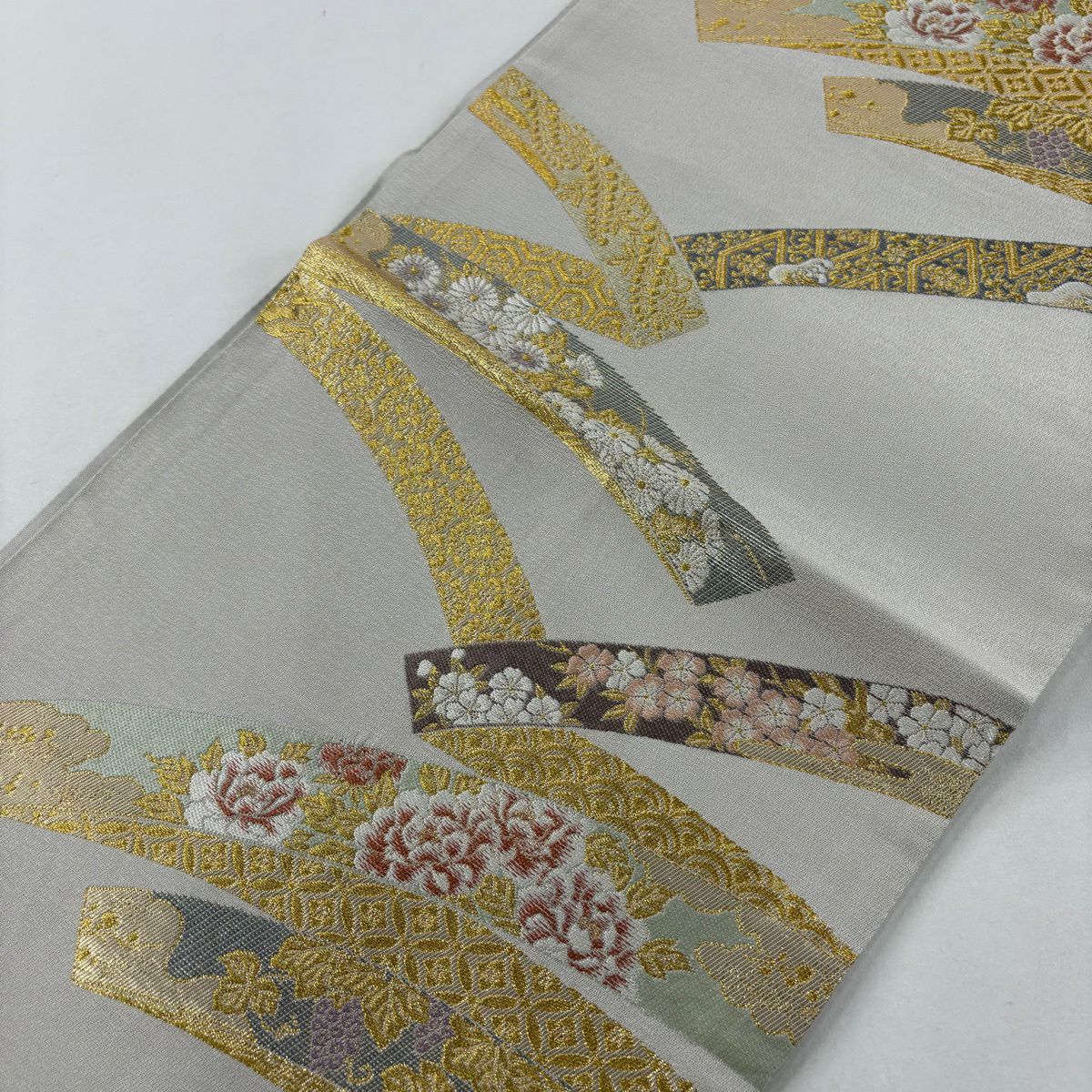 袋帶 秀品級 熨斗紋 草花紋 金絲 金金箔 淺小豆 六通 純蠶絲