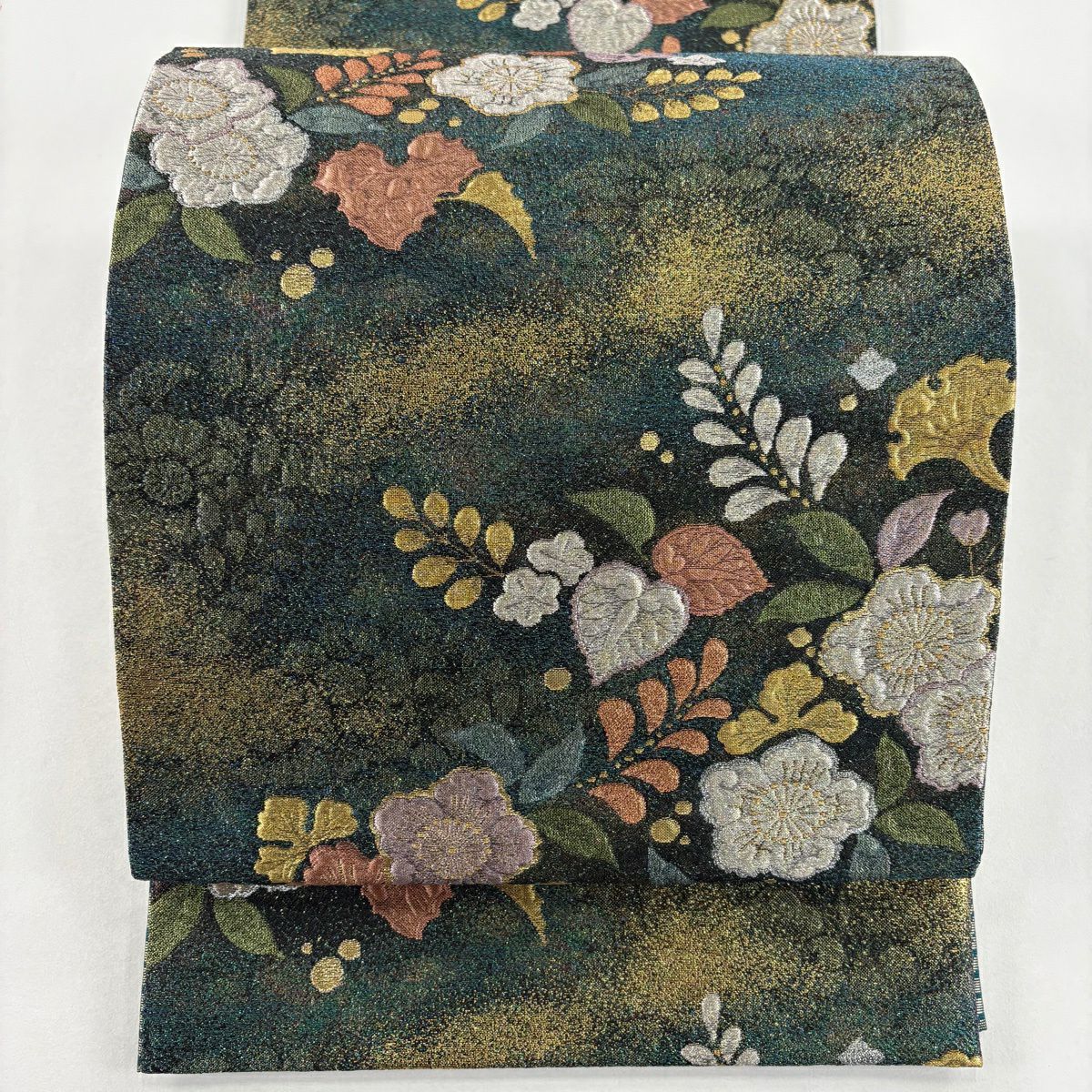 【美品】 袋帶 秀品級 辻花染圖案 霞 金銀線 金金箔 深綠 六通 純蠶絲
