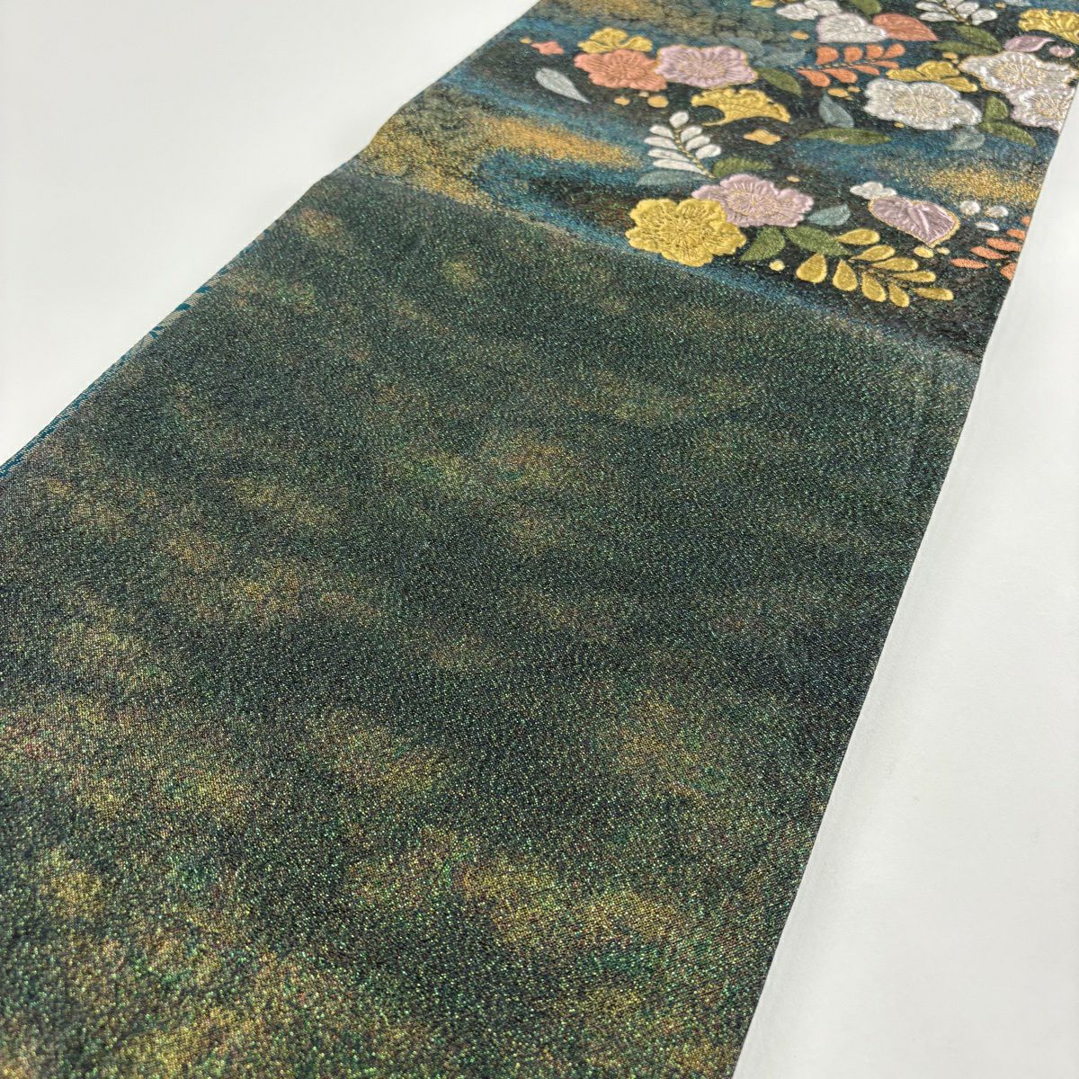 【美品】 袋帶 秀品級 辻花染圖案 霞 金銀線 金金箔 深綠 六通 純蠶絲