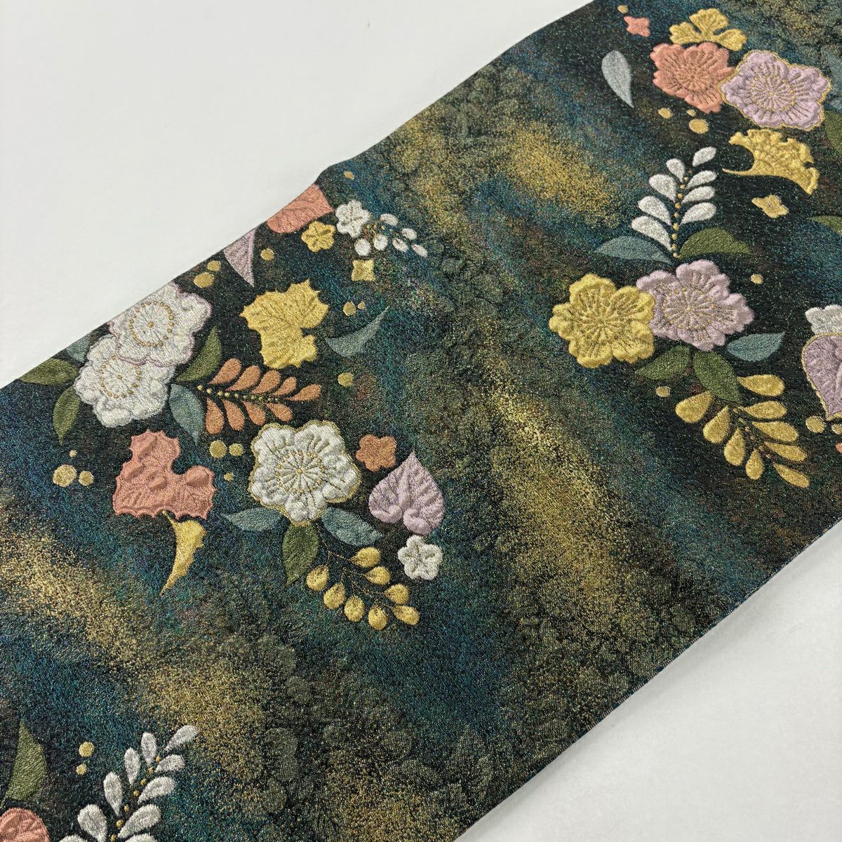 【美品】 袋帶 秀品級 辻花染圖案 霞 金銀線 金金箔 深綠 六通 純蠶絲