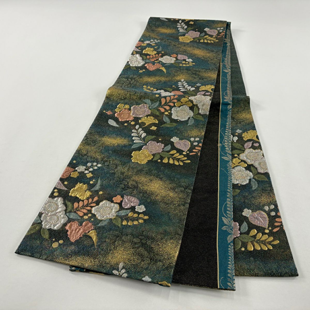 【美品】 袋帶 秀品級 辻花染圖案 霞 金銀線 金金箔 深綠 六通 純蠶絲