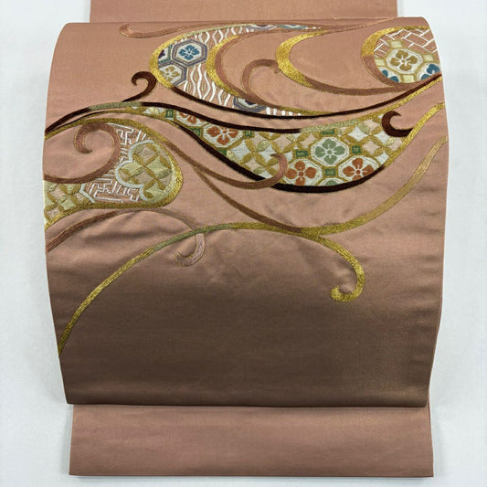 袋帶 秀品級 西湖織 蜀江華紋 唐草紋 刺繡 金糸 粉米色 お太鼓柄 純蠶絲