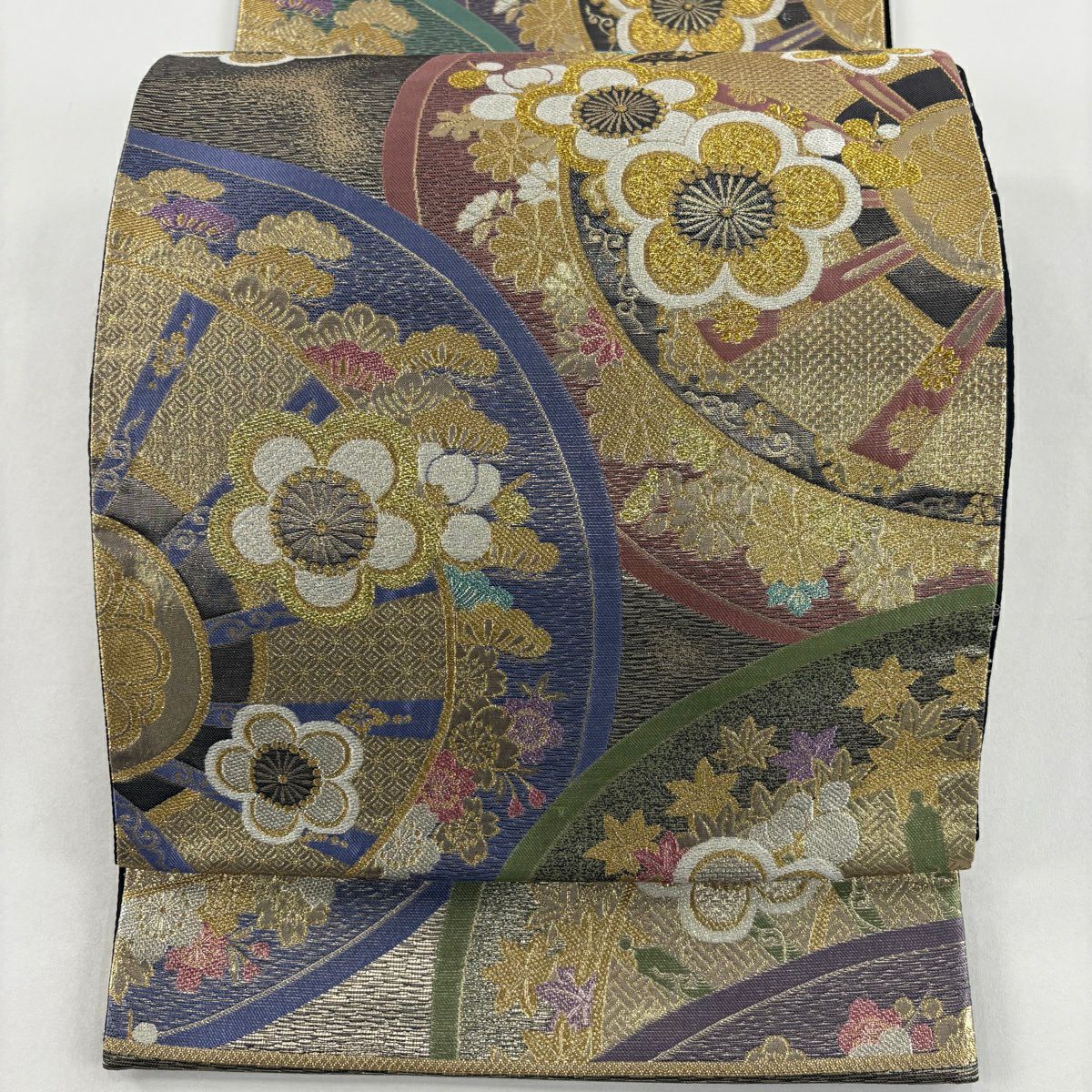 袋帶 秀品級 附落款 源氏車 松樹梅花 金銀絲 金金箔 金色 六通 純蠶絲