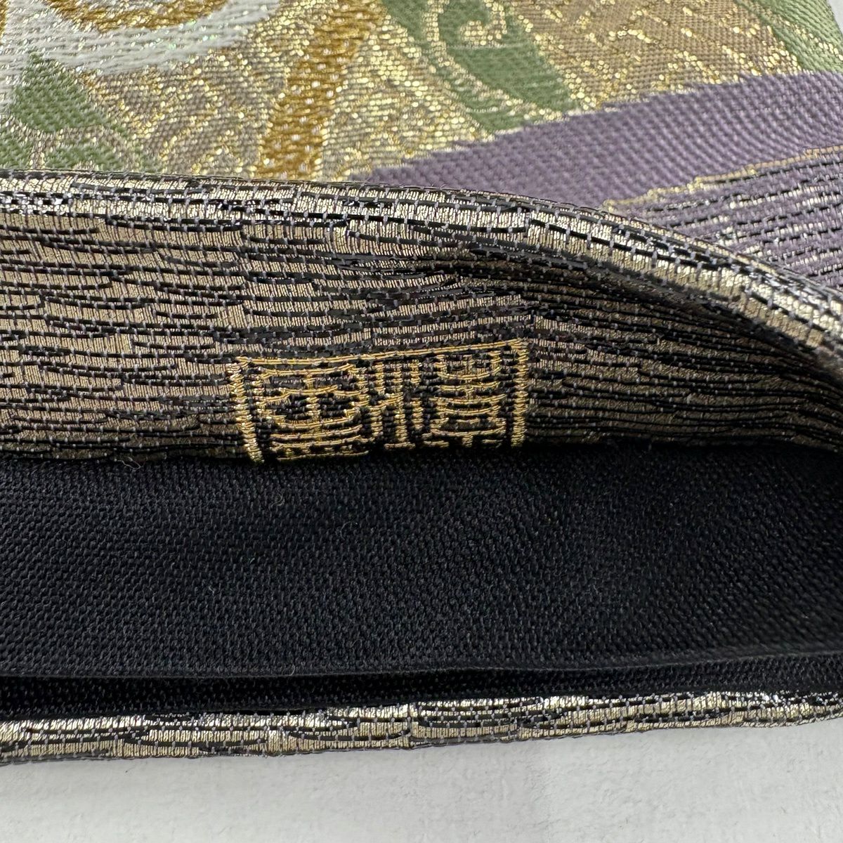 袋帶 秀品級 附落款 源氏車 松樹梅花 金銀絲 金金箔 金色 六通 純蠶絲