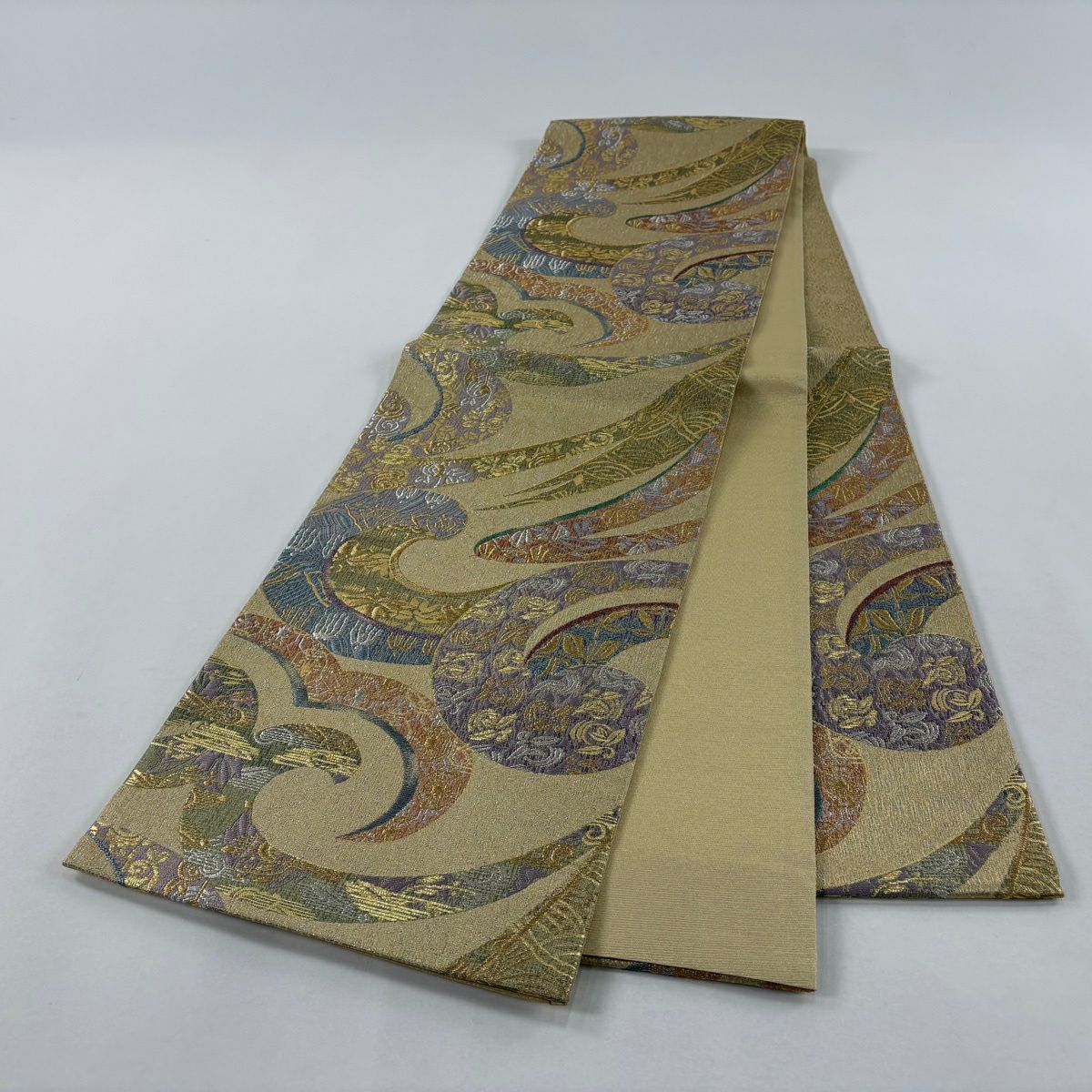 【美品】 袋帶 秀品級 唐草紋 草花紋 金銀彩 金金箔 金 六通 純蠶絲