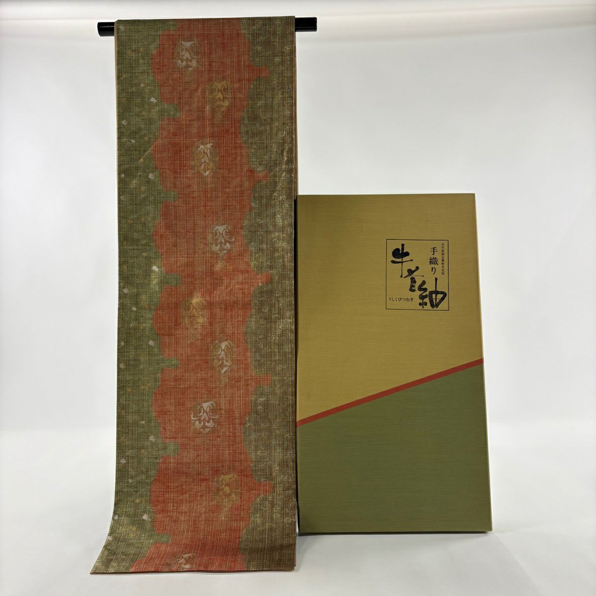 袋帶 逸品級 附落款 牛首紬織織地 附共箱 草花紋紋 流水 金銀彩 朱 純蠶絲