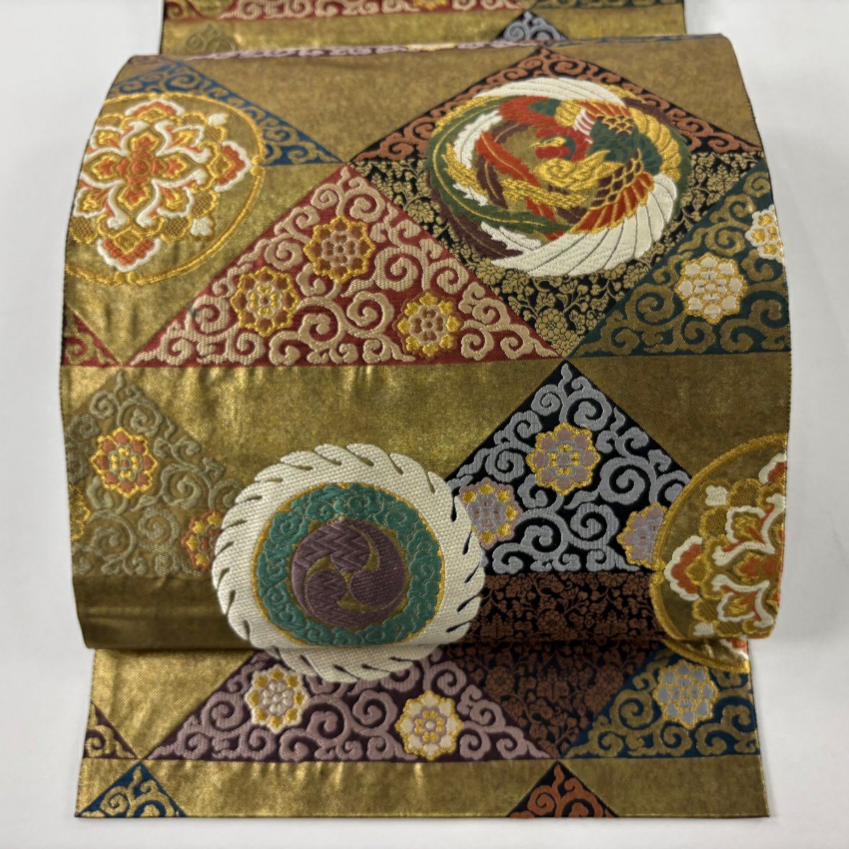袋帶 逸品級 證書齊全 鳳凰 鱗片 金絲 金金箔 金色 六通 純蠶絲