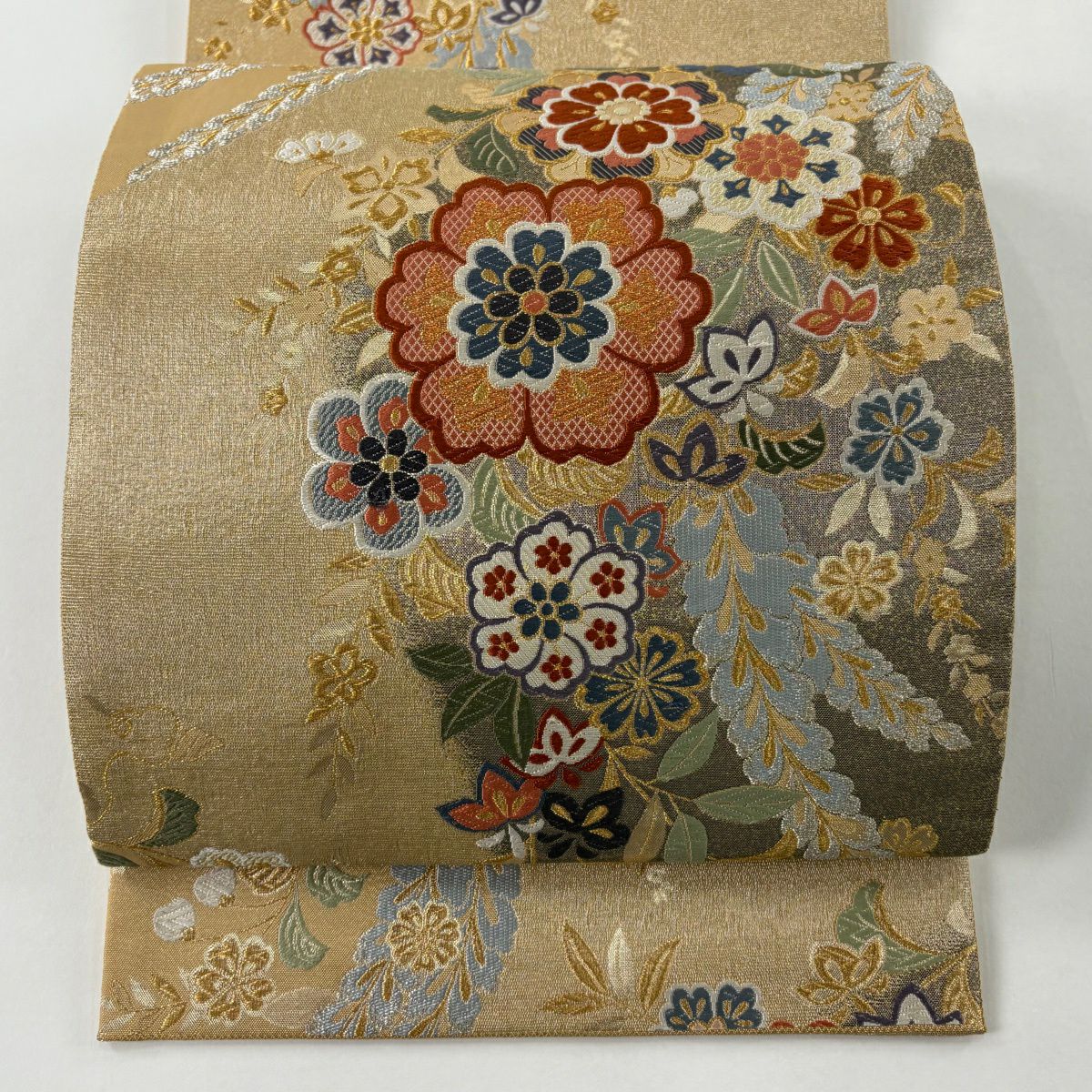 【美品】 袋帶 秀品級 華紋 草花紋 金糸 金金箔 米色 六通 純蠶絲