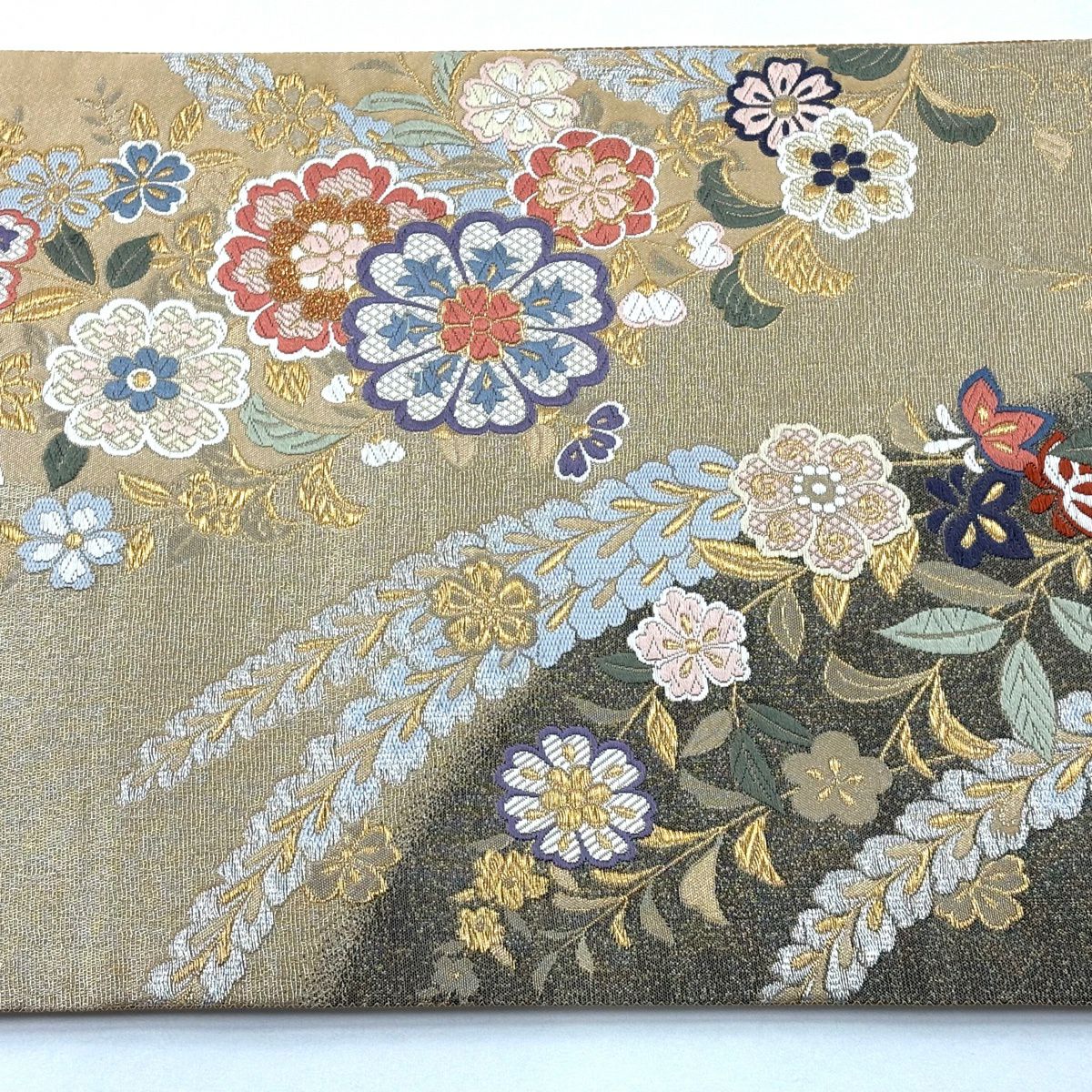 【美品】 袋帶 秀品級 華紋 草花紋 金糸 金金箔 米色 六通 純蠶絲