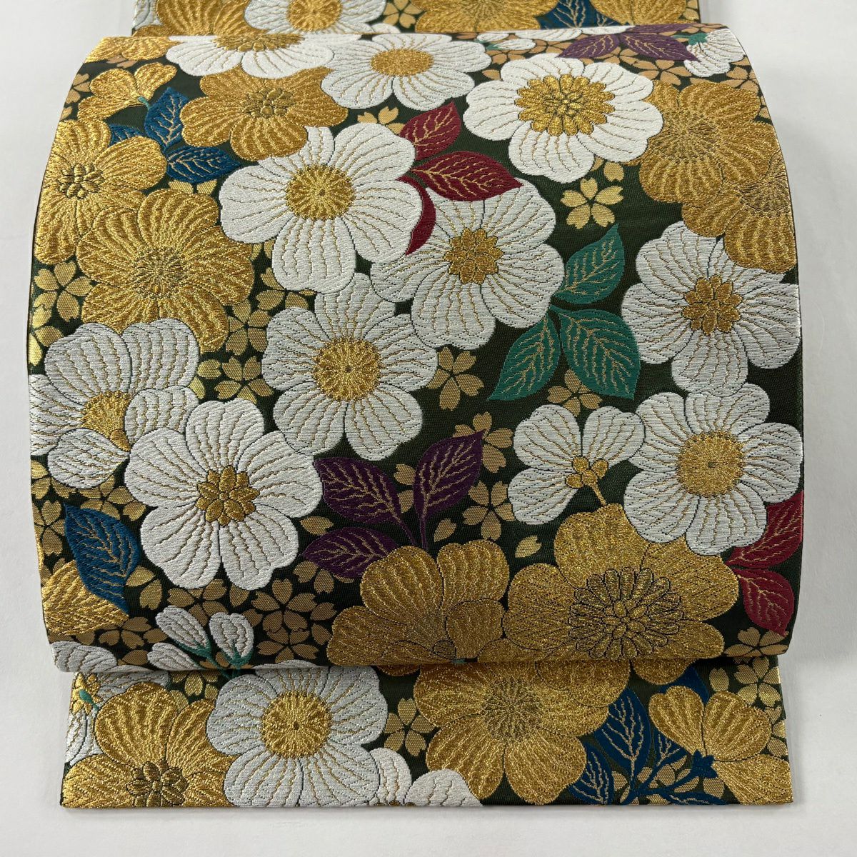 【美品】 袋帶 秀品級 草花紋 金糸 金金箔 深綠 六通 純蠶絲