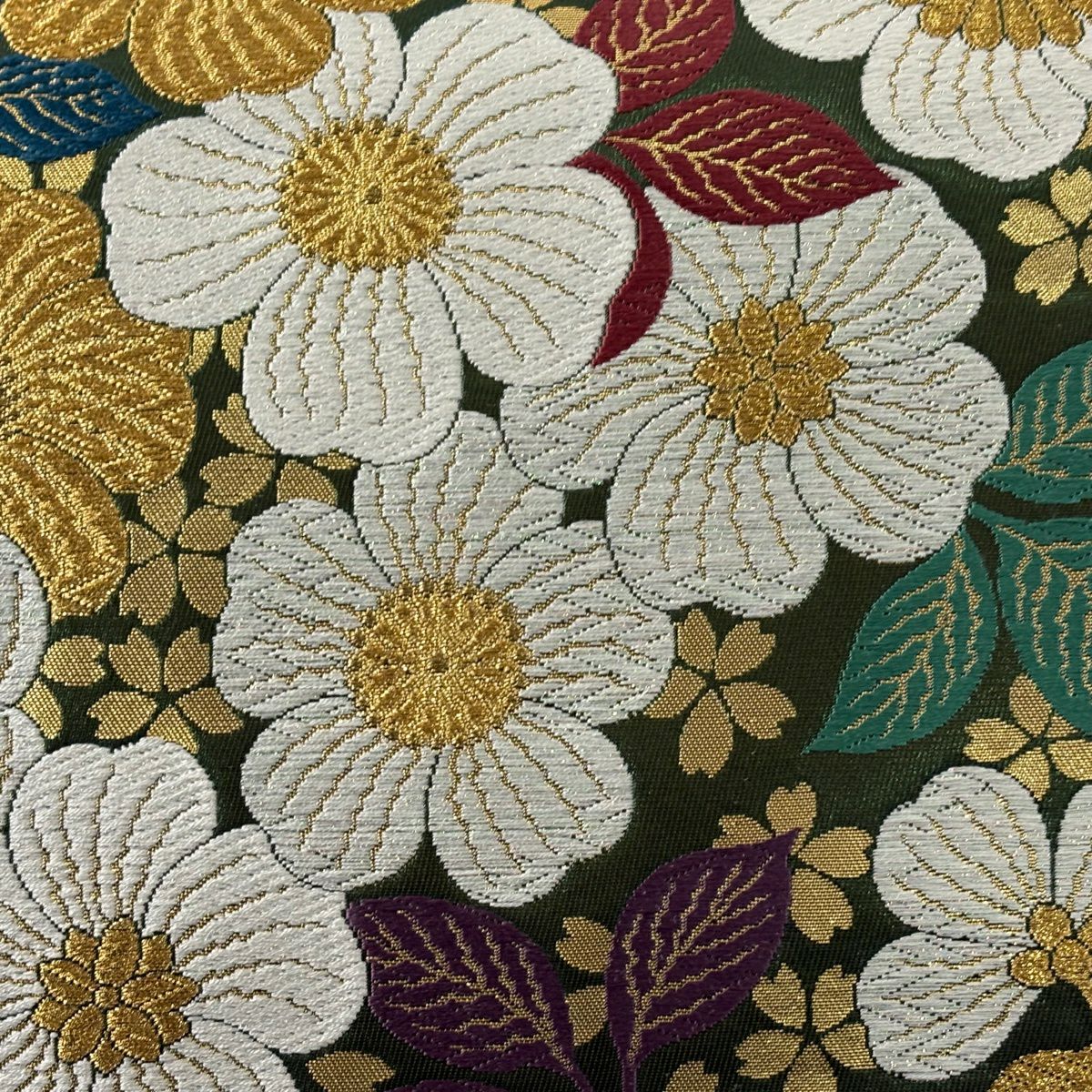 【美品】 袋帶 秀品級 草花紋 金糸 金金箔 深綠 六通 純蠶絲