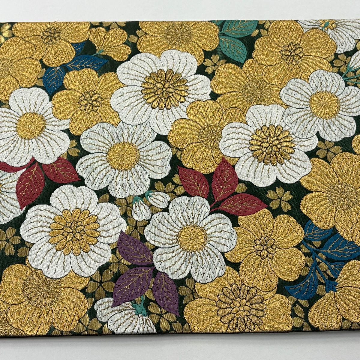 【美品】 袋帶 秀品級 草花紋 金糸 金金箔 深綠 六通 純蠶絲