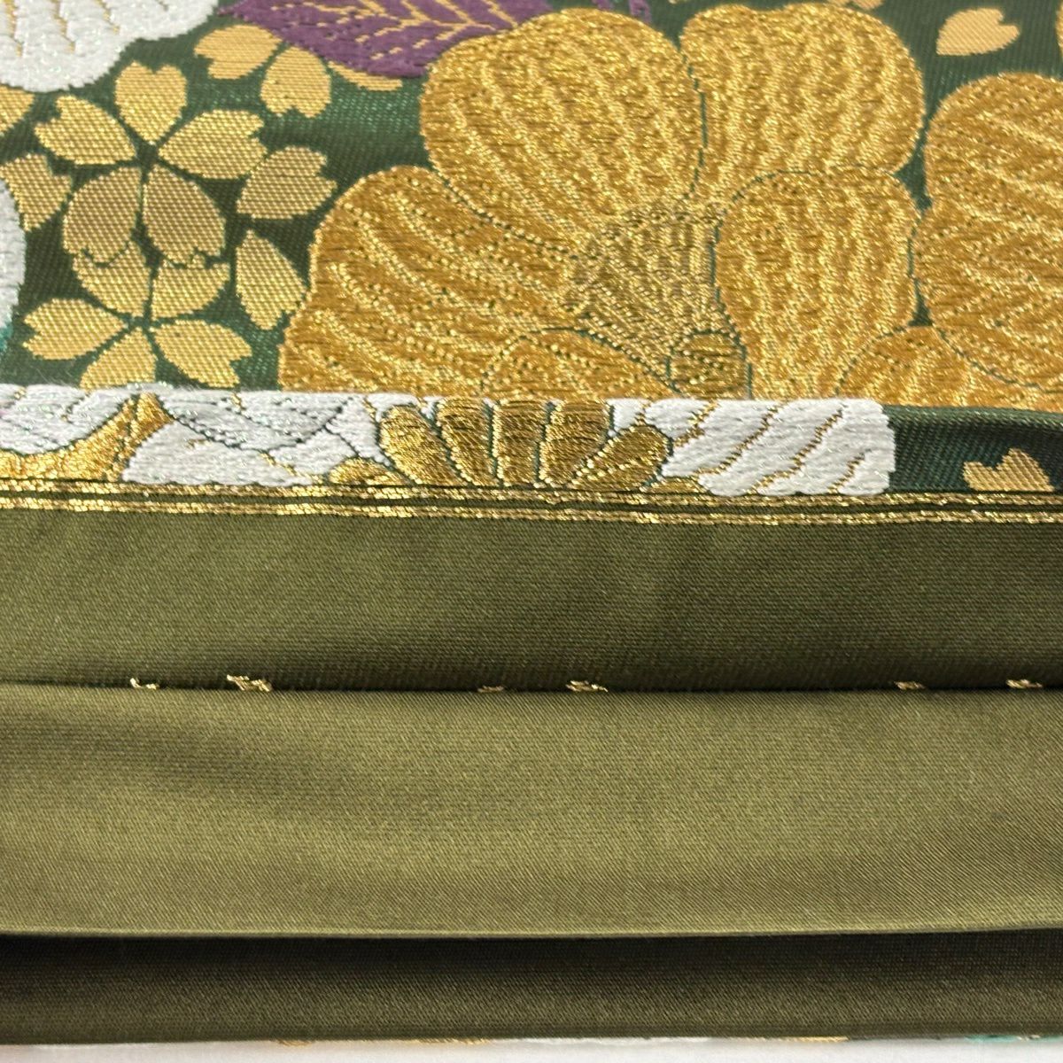 【美品】 袋帶 秀品級 草花紋 金糸 金金箔 深綠 六通 純蠶絲
