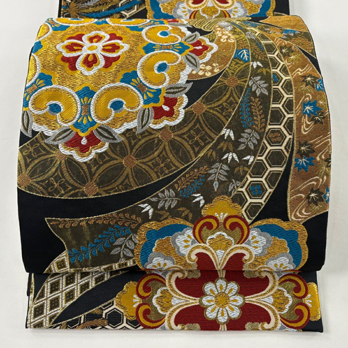 【美品】 袋帶 秀品級 華紋 束熨斗紋 金絲 金金箔 黑 六通 純蠶絲