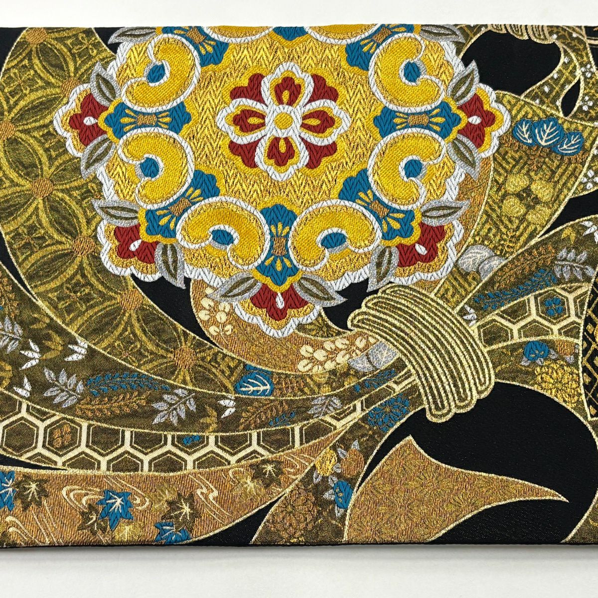 【美品】 袋帶 秀品級 華紋 束熨斗紋 金絲 金金箔 黑 六通 純蠶絲