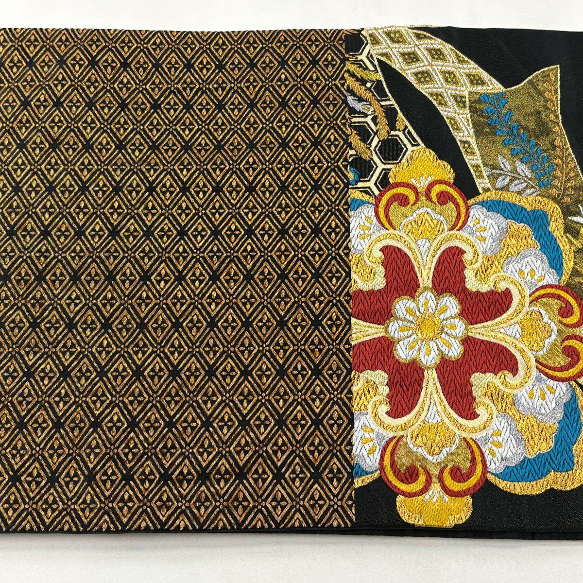 【美品】 袋帶 秀品級 華紋 束熨斗紋 金絲 金金箔 黑 六通 純蠶絲