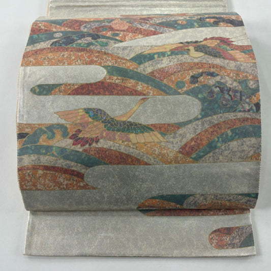 袋帶 秀品級 仙鶴 波頭 金金箔 銀 お太鼓圖案 純蠶絲
