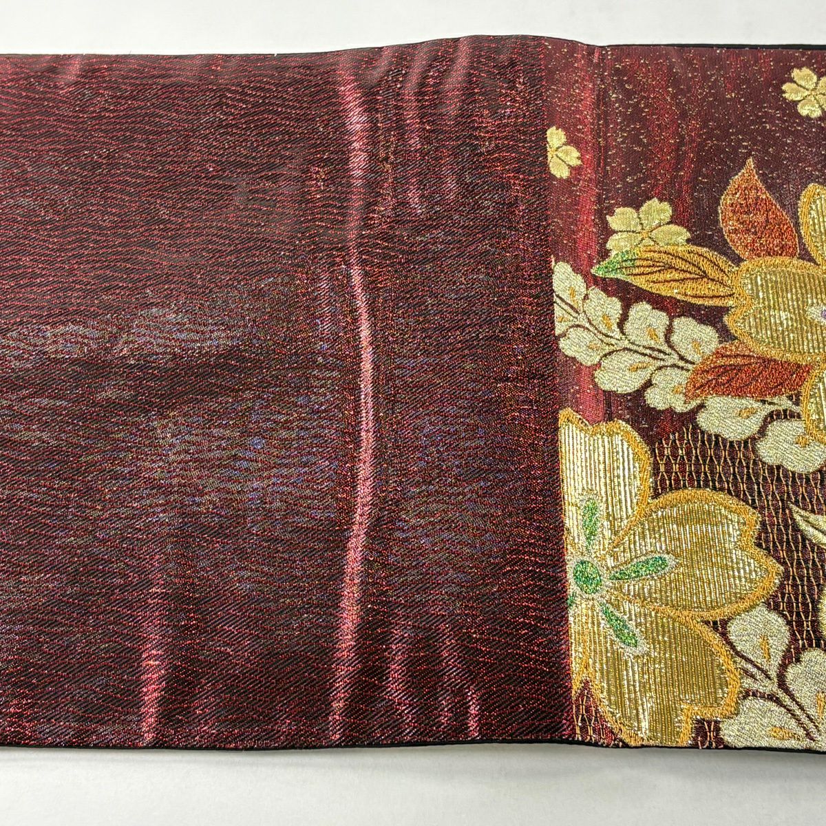【美品】 袋帶 秀品級 櫻花 金金箔 紅 六通 純蠶絲