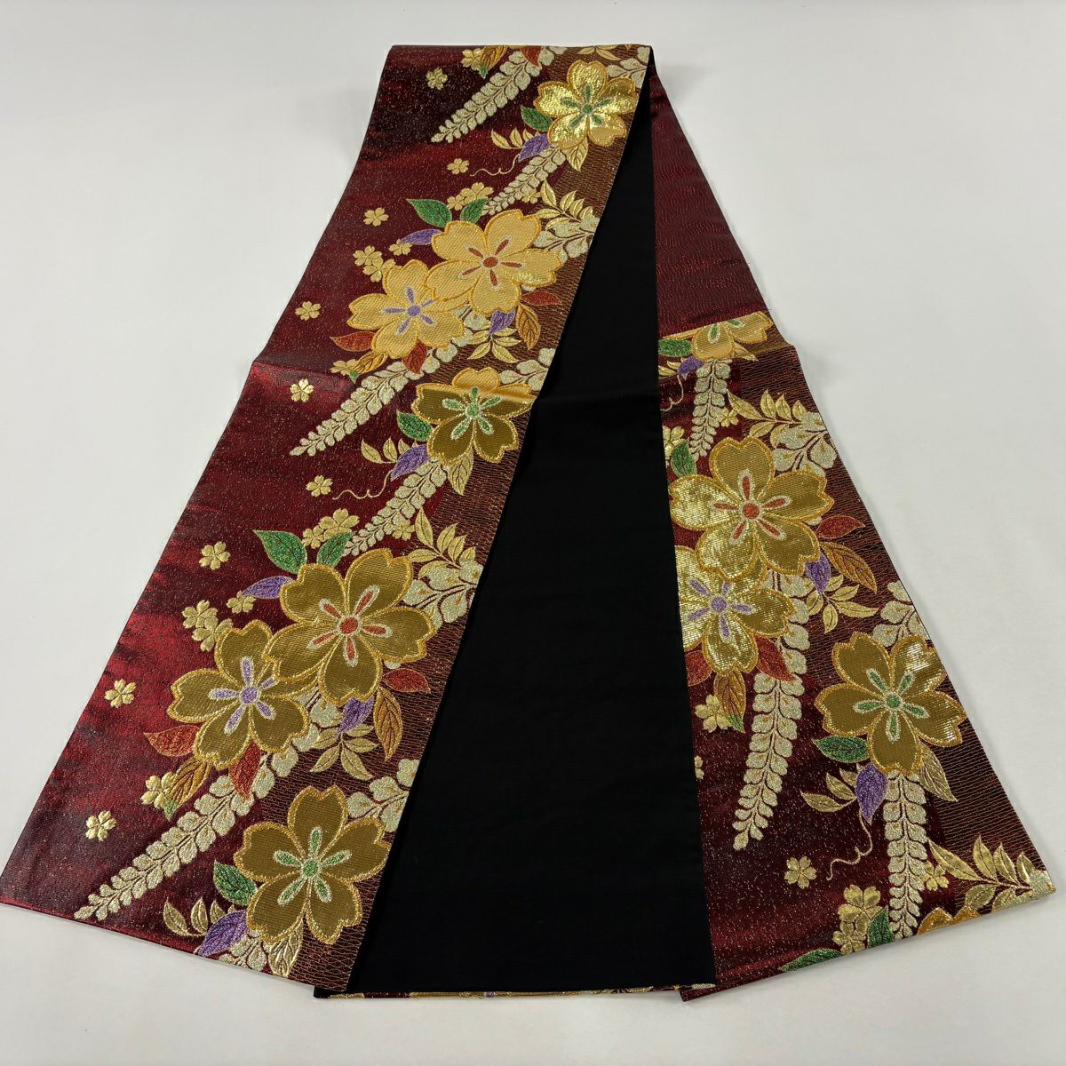 【美品】 袋帶 秀品級 櫻花 金金箔 紅 六通 純蠶絲