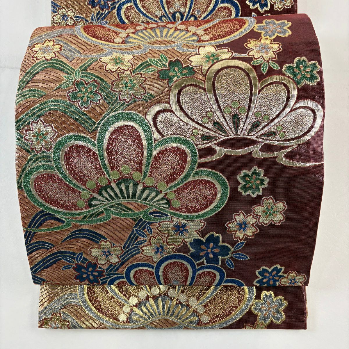 【美品】 袋帶 秀品級 笠松樹 櫻花 金金箔 紅黑 六通 純蠶絲