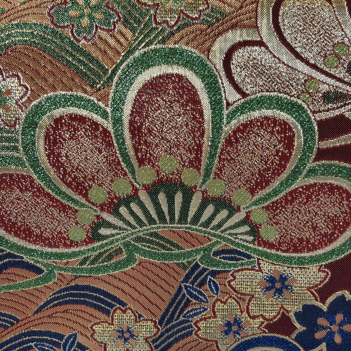【美品】 袋帶 秀品級 笠松樹 櫻花 金金箔 紅黑 六通 純蠶絲