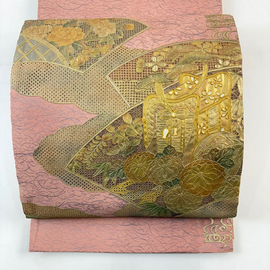 袋帶 秀品級 關西仕立 扇子面 御所車 金絲 金銀彩 粉米色 大鼓圖案 純蠶絲
