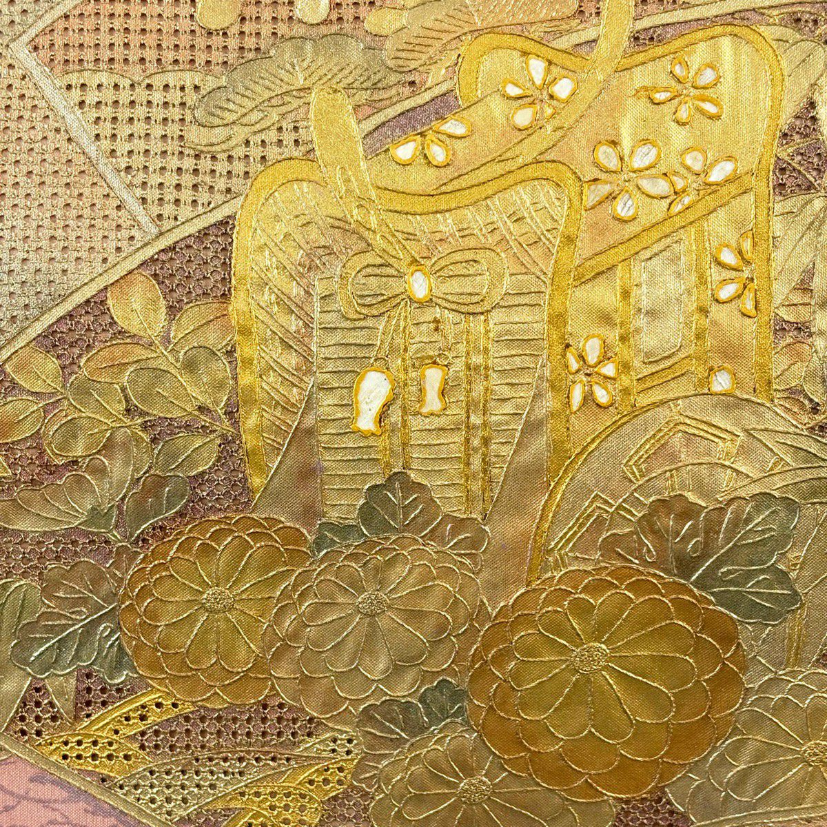 袋帶 秀品級 關西仕立 扇子面 御所車 金絲 金銀彩 粉米色 大鼓圖案 純蠶絲