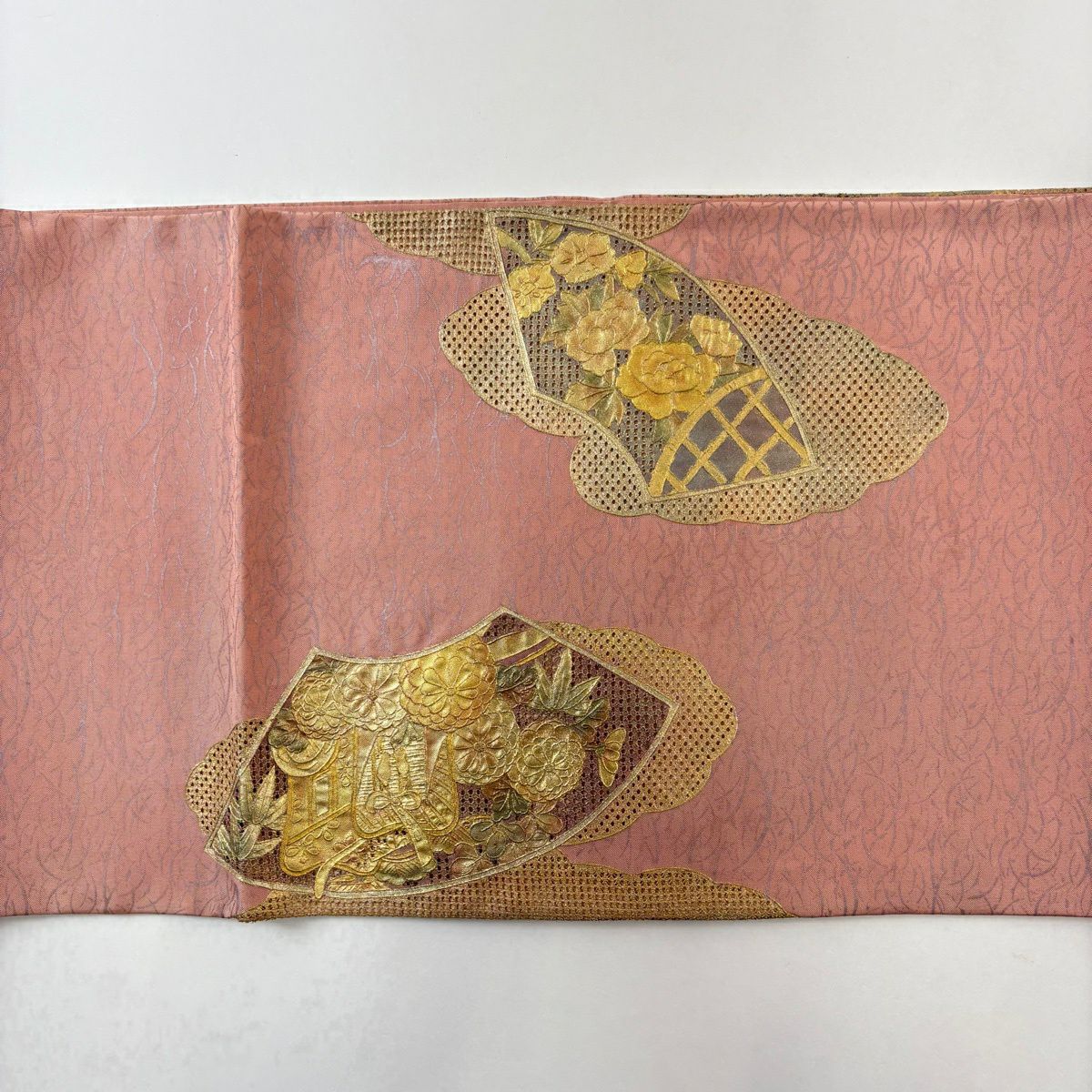 袋帶 秀品級 關西仕立 扇子面 御所車 金絲 金銀彩 粉米色 大鼓圖案 純蠶絲