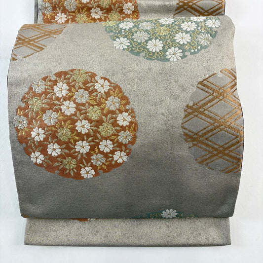 袋帶 秀品級 樱花 菊花唐草紋 金銀線 刺繡 灰茶 六通 純蠶絲