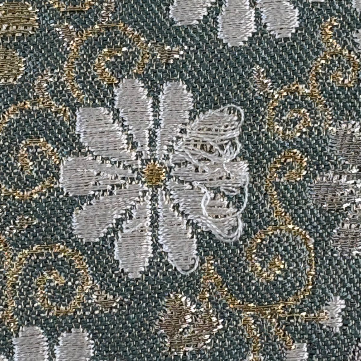 袋帶 秀品級 樱花 菊花唐草紋 金銀線 刺繡 灰茶 六通 純蠶絲