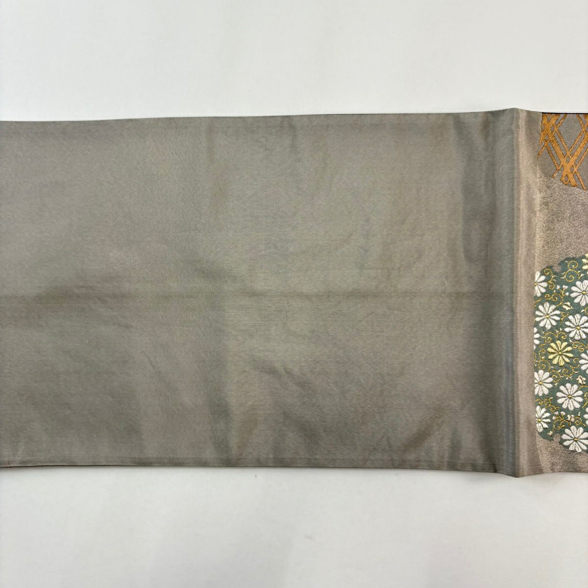 袋帶 秀品級 樱花 菊花唐草紋 金銀線 刺繡 灰茶 六通 純蠶絲