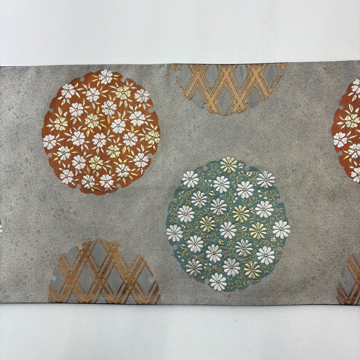 袋帶 秀品級 樱花 菊花唐草紋 金銀線 刺繡 灰茶 六通 純蠶絲