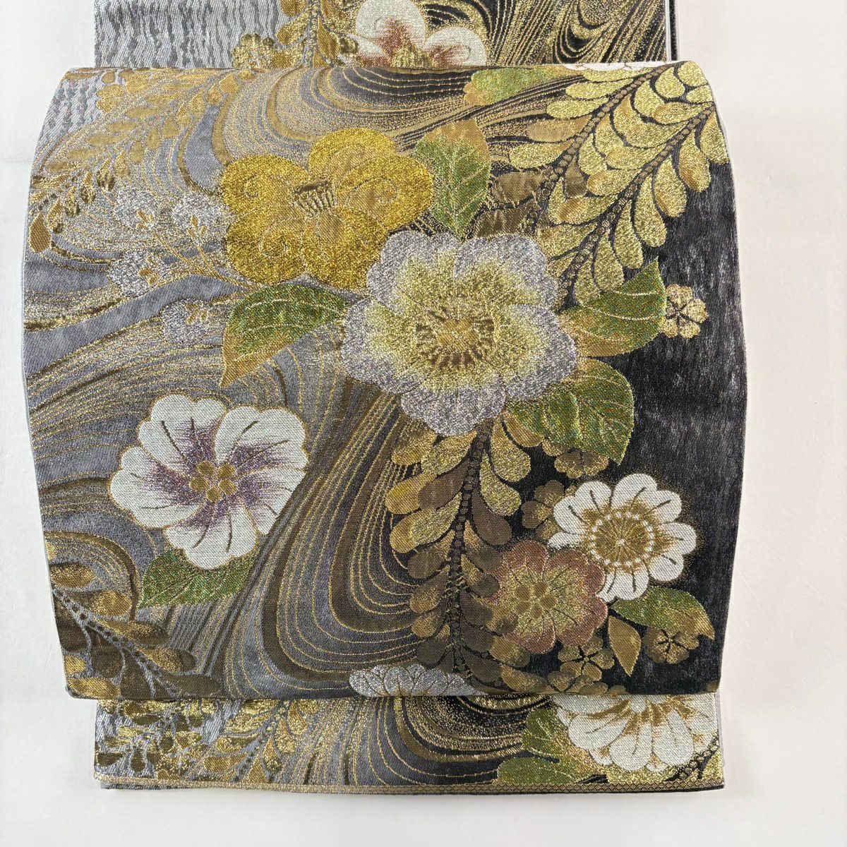 【美品】 袋帶 秀品級 辻花染圖案 流水 金銀線 金金箔 銀 六通 純蠶絲