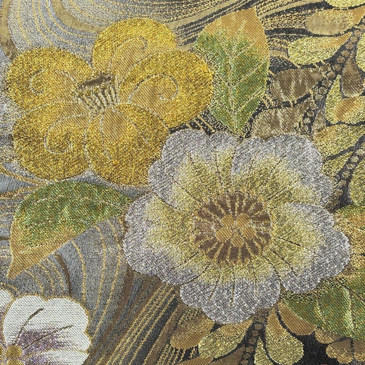 【美品】 袋帶 秀品級 辻花染圖案 流水 金銀線 金金箔 銀 六通 純蠶絲