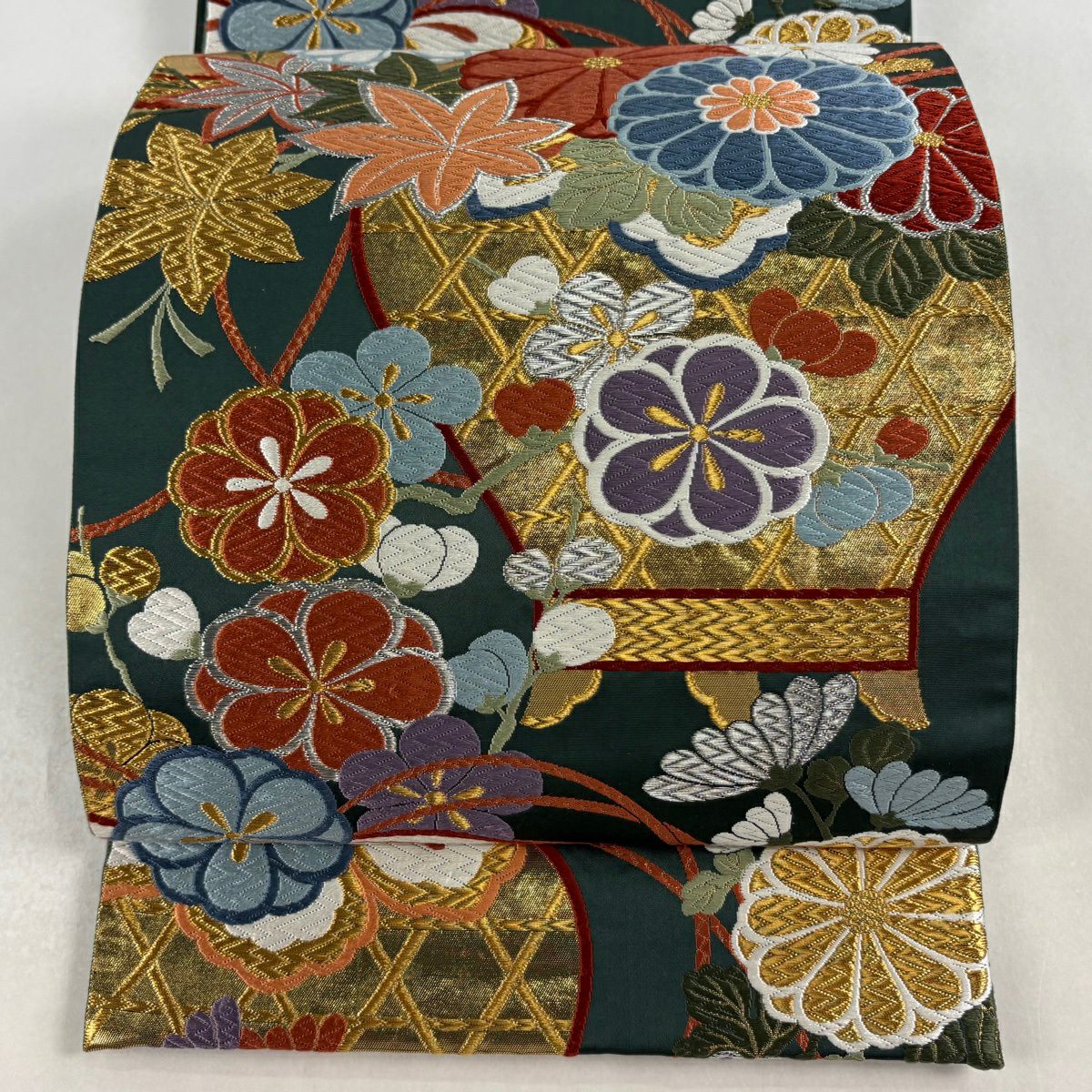 【美品】 袋帶 秀品級 菊花 梅花 金銀彩 金金箔 深綠 六通 純蠶絲