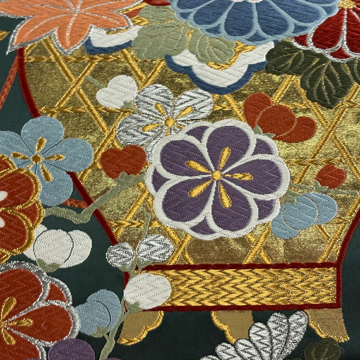 【美品】 袋帶 秀品級 菊花 梅花 金銀彩 金金箔 深綠 六通 純蠶絲