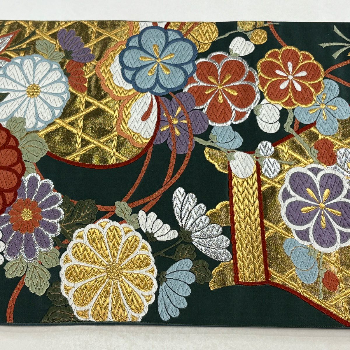 【美品】 袋帶 秀品級 菊花 梅花 金銀彩 金金箔 深綠 六通 純蠶絲