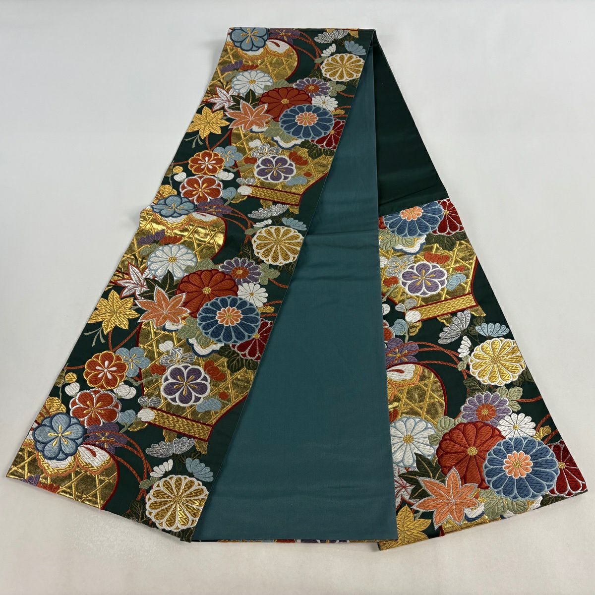 【美品】 袋帶 秀品級 菊花 梅花 金銀彩 金金箔 深綠 六通 純蠶絲