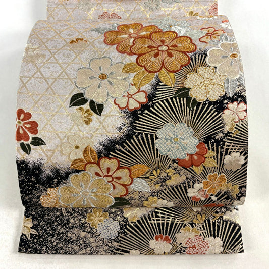 袋帶 秀品級 樱花 若松樹 金銀絲 金金箔 米色 大鼓圖案 純蠶絲