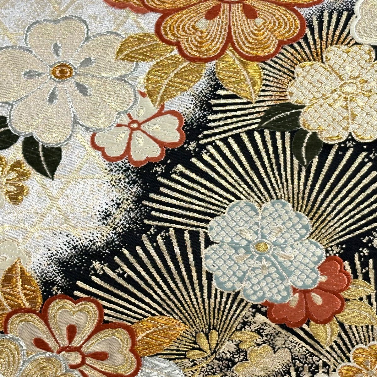 袋帶 秀品級 樱花 若松樹 金銀絲 金金箔 米色 大鼓圖案 純蠶絲