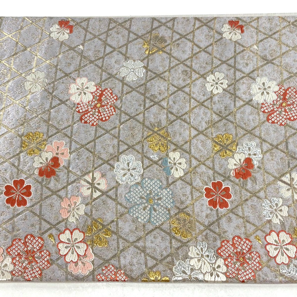 袋帶 秀品級 樱花 若松樹 金銀絲 金金箔 米色 大鼓圖案 純蠶絲