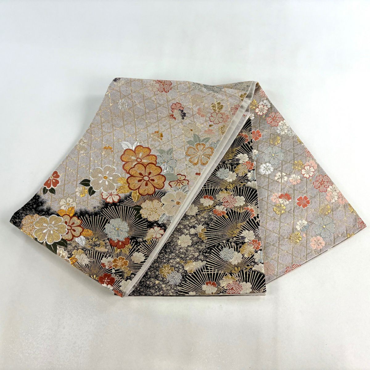 袋帶 秀品級 樱花 若松樹 金銀絲 金金箔 米色 大鼓圖案 純蠶絲