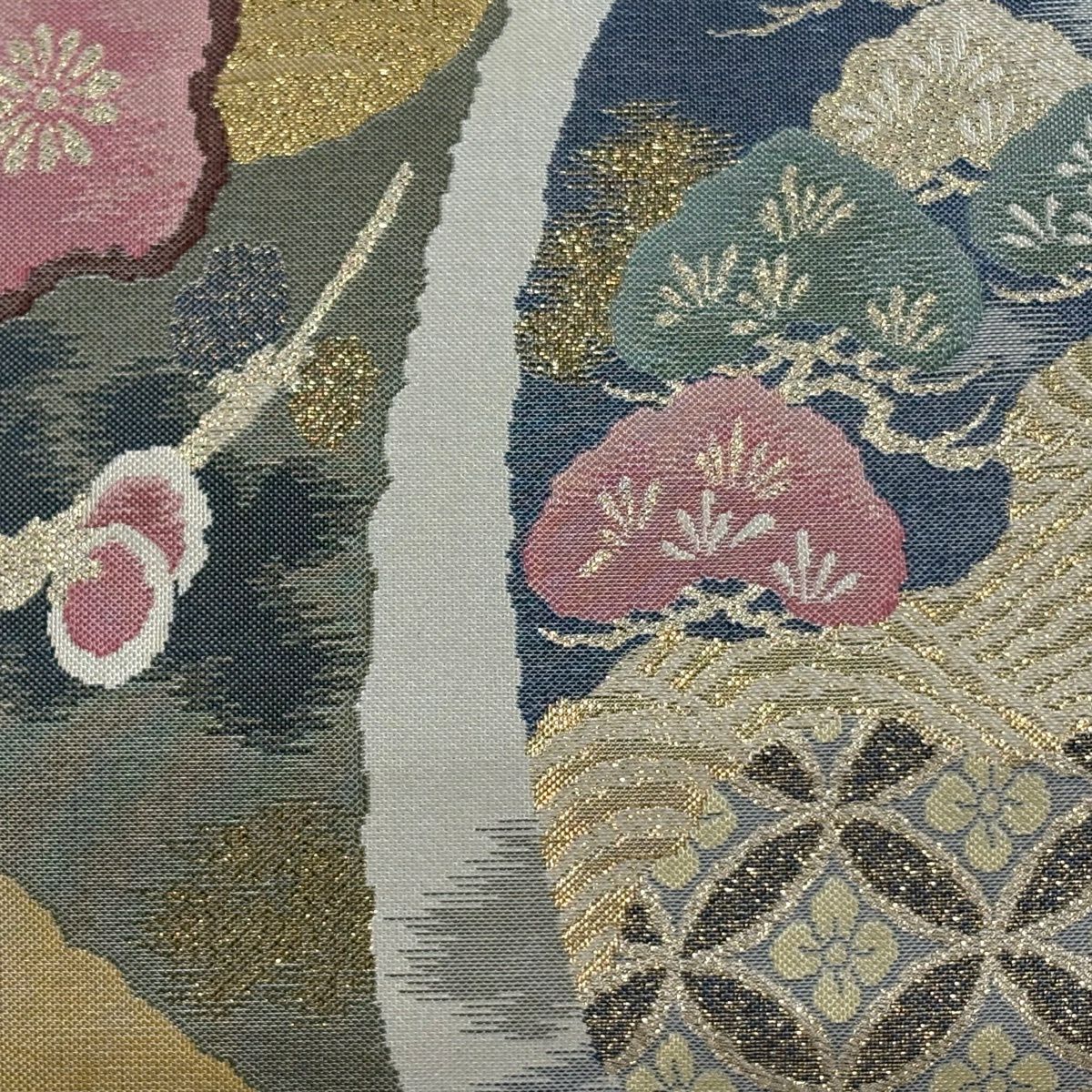 袋帶 秀品級 牡丹 梅花 金金箔 米色 六通 純蠶絲