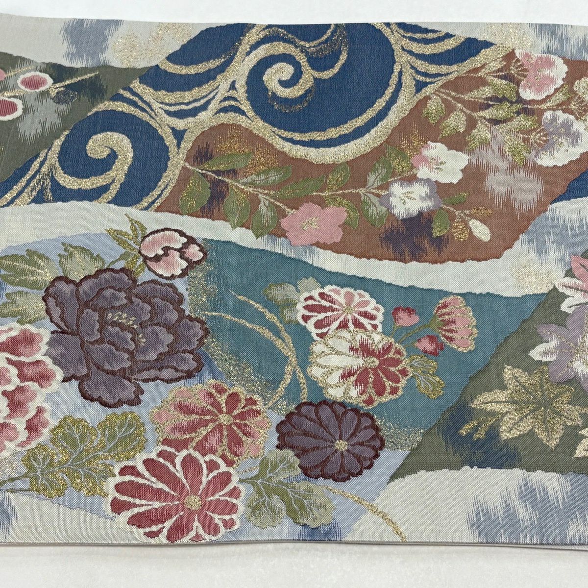 袋帶 秀品級 牡丹 梅花 金金箔 米色 六通 純蠶絲