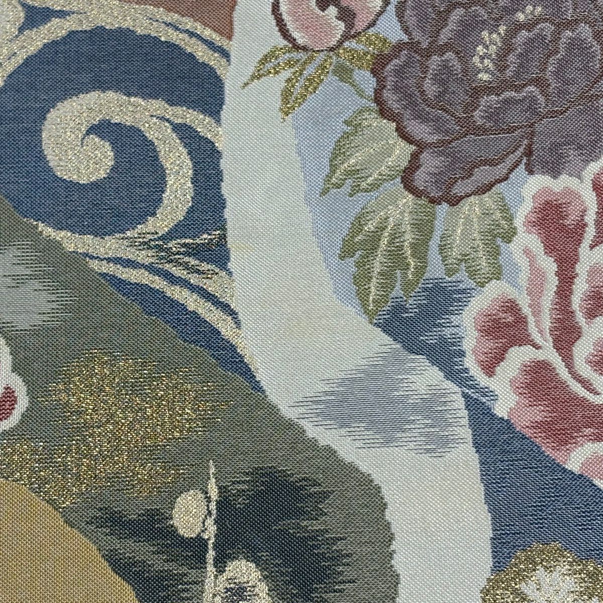 袋帶 秀品級 牡丹 梅花 金金箔 米色 六通 純蠶絲