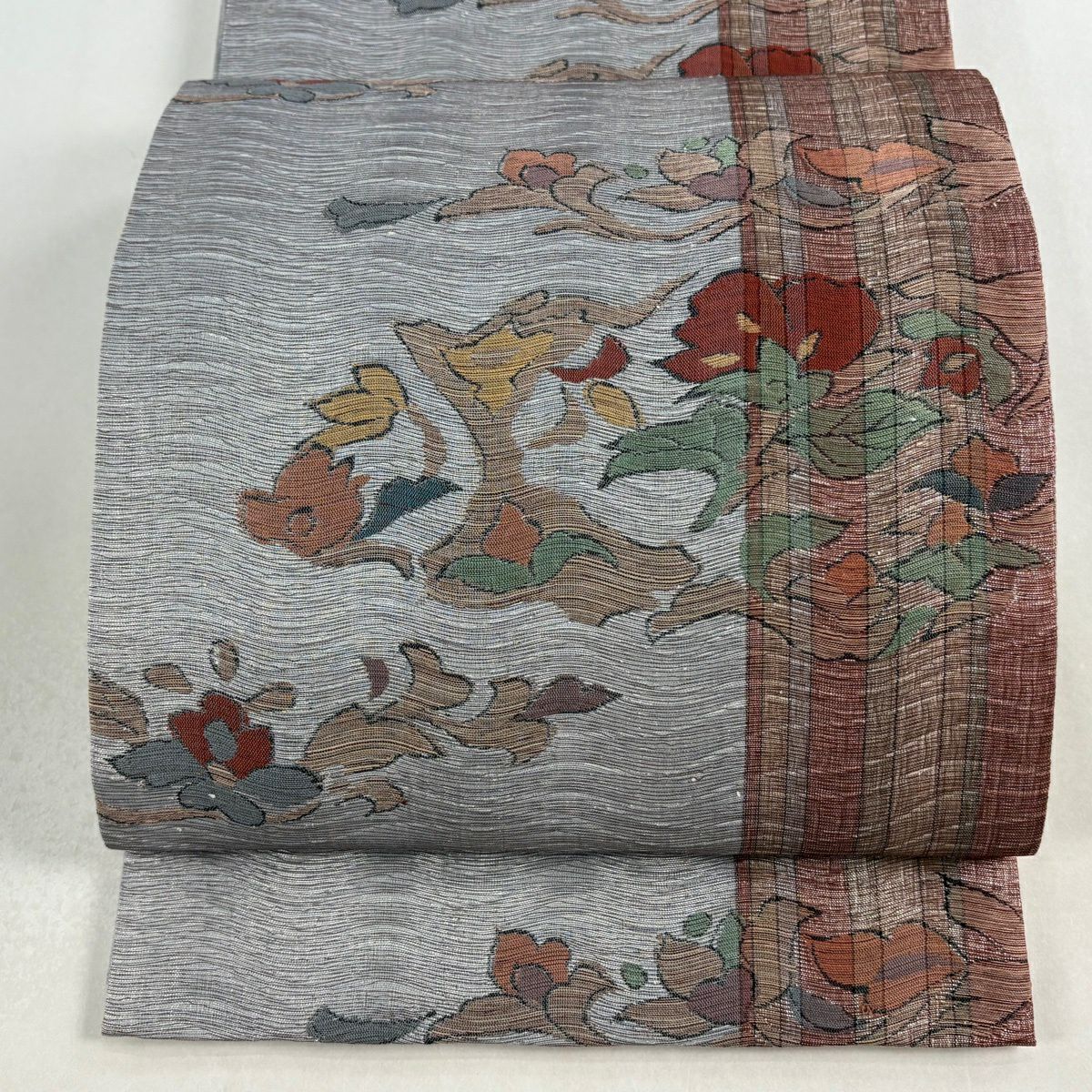 【美品】 袋帶 秀品級 草花紋紋 縞紋 金金箔 灰色 六通 純蠶絲