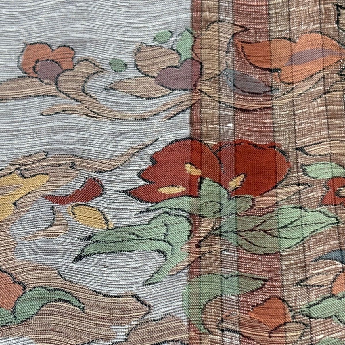 【美品】 袋帶 秀品級 草花紋紋 縞紋 金金箔 灰色 六通 純蠶絲