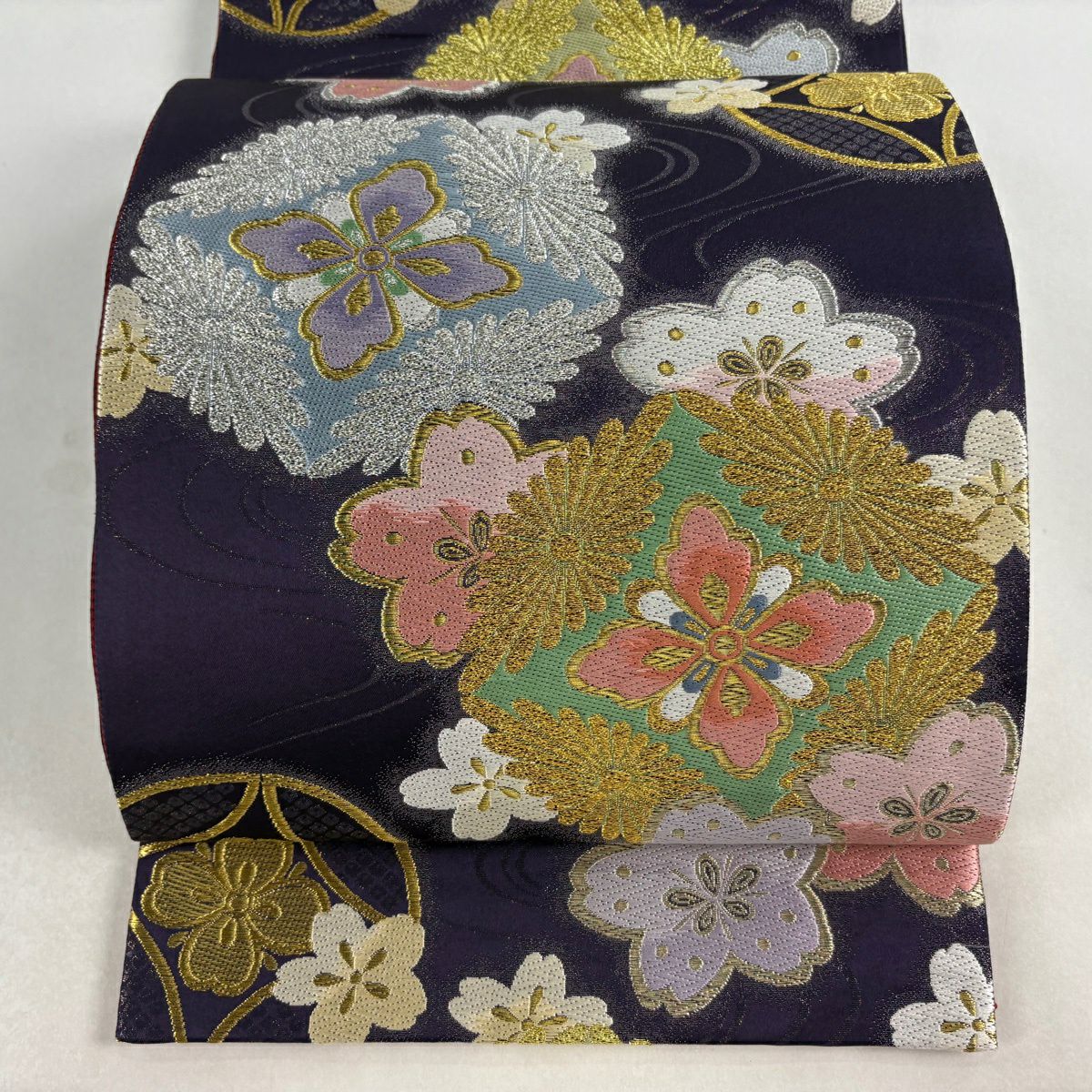 【美品】 袋帶 秀品級櫻花 七寶 金銀線 金金箔 深紫 六通 純蠶絲